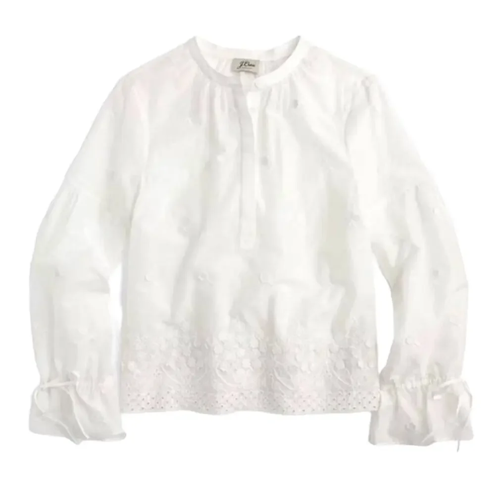 J. Crew White Embroidered Peasant Floral Popover Blouse